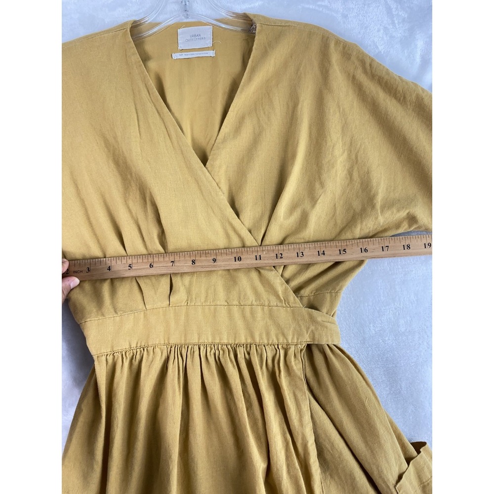 Urban Outfitters Midi Dress Women Sz S Mustard Yellow Wrap Linen Blend Cottage - Picture 8 of 13